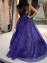 Ball Gown Spaghetti Straps Floor Length Tulle Sequin Sleeveless Prom Formal Dress