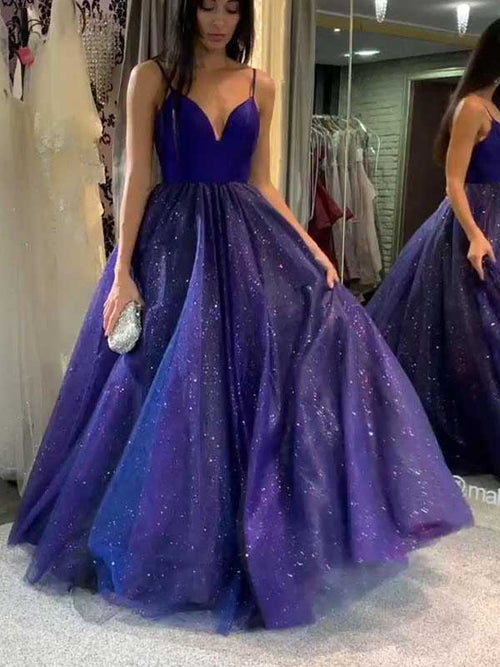 Ball Gown Spaghetti Straps Floor Length Tulle Sequin Sleeveless Prom Formal Dress
