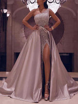 A-Line/Princess One-Shoulder Floor Length Satin Sequin Sleeveless Prom Evening Dress with Slit