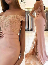 Sheath/Column Off-the-Shoulder Sweep/Brush Train Spandex Applique Sleeveless Prom Formal Dress