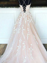 A-Line/Princess Spaghetti Straps Floor Length Tulle Applique Sleeveless Prom Formal Dress