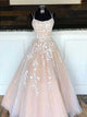 A-Line/Princess Spaghetti Straps Floor Length Tulle Applique Sleeveless Prom Formal Dress