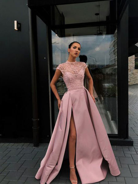A-Line/Princess Scoop Sweep/Brush Train Satin Beading Short Sleeves Prom Formal Dress with Slit