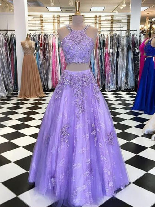 A-Line/Princess Halter Floor Length Tulle Beading Sleeveless Two Piece Prom Formal Dress