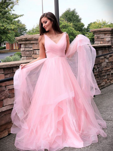 A-Line/Princess V-Neck Sweep/Brush Train Tulle Ruched Sleeveless Dress