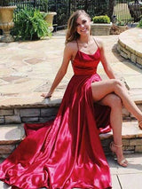 A-Line/Princess Spaghetti Straps Sweep/Brush Train Satin Sleeveless Prom Formal Dress with Slit