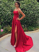 A-Line/Princess Spaghetti Straps Sweep/Brush Train Satin Sleeveless Prom Formal Dress with Slit