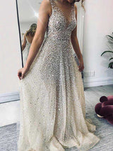 A-Line/Princess V-Neck Floor Length Tulle Sequins Sleeveless Backless Prom Evening Dress