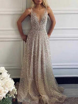 A-Line/Princess V-Neck Floor Length Tulle Sequins Sleeveless Backless Prom Evening Dress