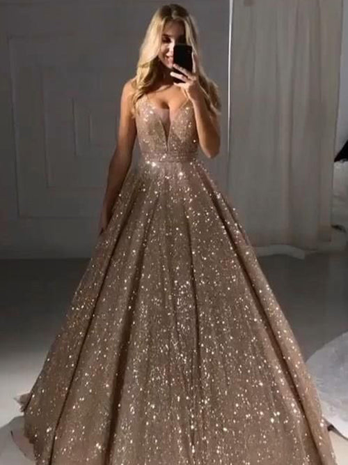 A-Line/Princess V-Neck Floor Length Sequins Ruffles Sleeveless Prom Formal Dress