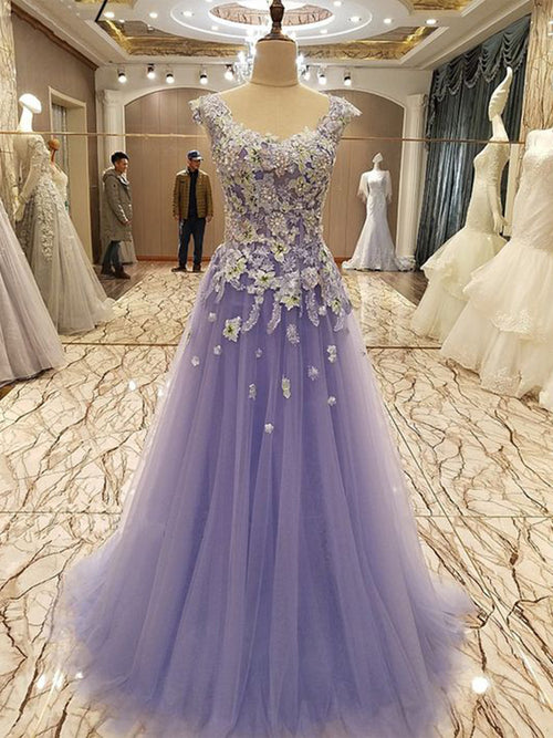 A-Line/Princess Scoop Floor Length Tulle Applique Sleeveless Prom Formal Dress