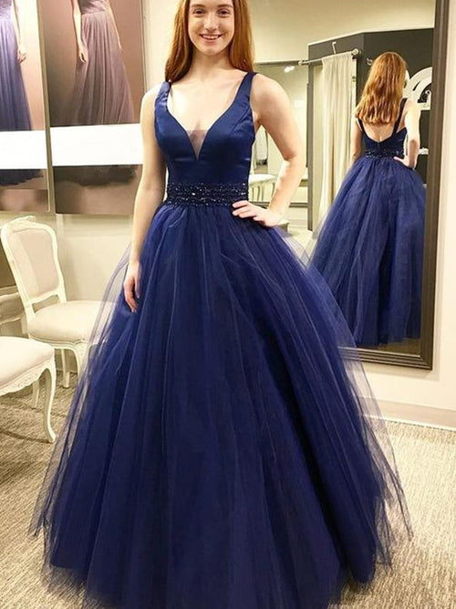Ball Gown V-Neck Floor Length Tulle Beading Sleeveless Prom Evening Dress