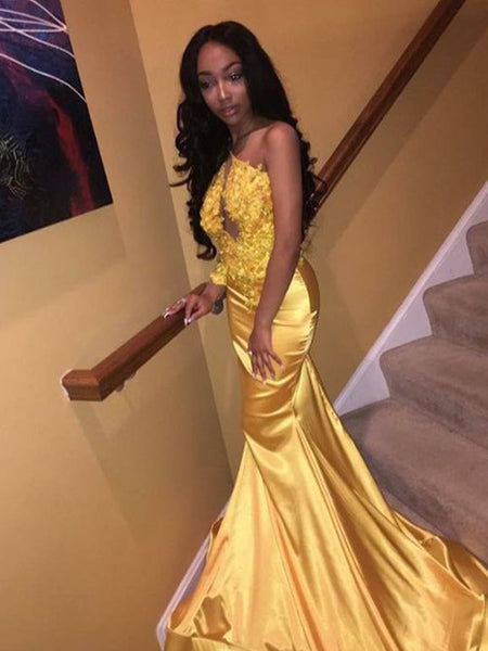 Trumpet/Mermaid Strapless Court Train Satin Applique Sleeveless Prom Formal Dress