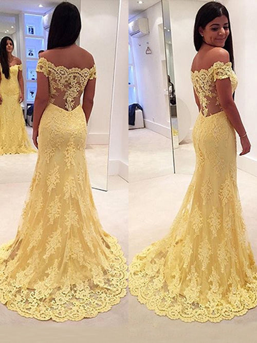 Trumpet/Mermaid Off-the-Shoulder Sweep/Brush Train Lace Sleeveless Prom Formal Dress