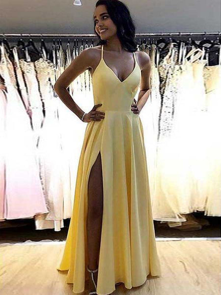 A-Line/Princess V-Neck Floor Length Satin Ruffles Sleeveless Prom Formal Dress with Slit