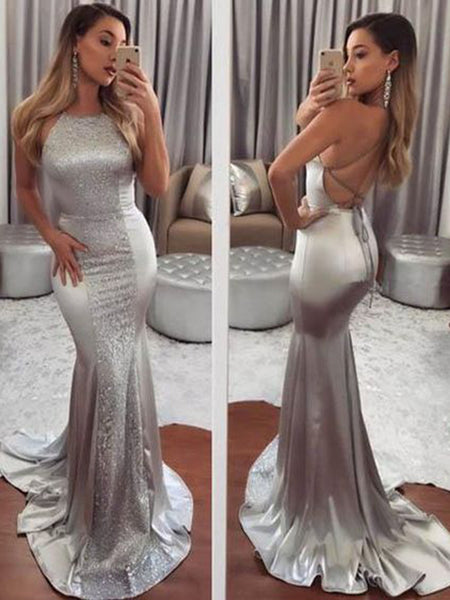 Trumpet/Mermaid Halter Sweep/Brush Train Silk Like Satin Beading Sleeveless Prom Evening Dress