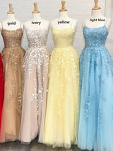 A-Line/Princess Spaghetti Straps Floor Length Tulle Applique Sleeveless Dress