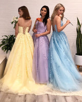 A-Line/Princess Spaghetti Straps Floor Length Tulle Applique Sleeveless Dress