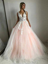 Ball Gown V-Neck Floor Length Tulle Applique Sleeveless Backless Prom Formal Dress