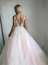 Ball Gown V-Neck Floor Length Tulle Applique Sleeveless Backless Prom Formal Dress