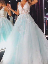 Ball Gown V-Neck Floor Length Tulle Applique Sleeveless Backless Prom Formal Dress