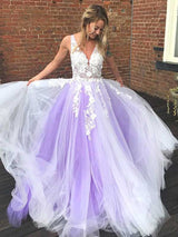 Ball Gown V-Neck Floor Length Tulle Applique Sleeveless Backless Prom Formal Dress