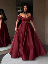 A-Line/Princess Off-the-Shoulder Floor Length Satin Sash/Ribbon/Belt Sleeveless Prom Formal Dress