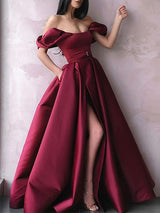 A-Line/Princess Off-the-Shoulder Floor Length Satin Sash/Ribbon/Belt Sleeveless Prom Formal Dress