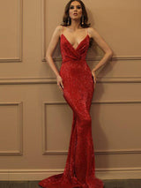 Trumpet/Mermaid Spaghetti Straps Sweep/Brush Train Sequins Sleeveless Backless Prom Formal Dress