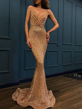 Trumpet/Mermaid Spaghetti Straps Sweep/Brush Train Sequins Sleeveless Backless Prom Formal Dress