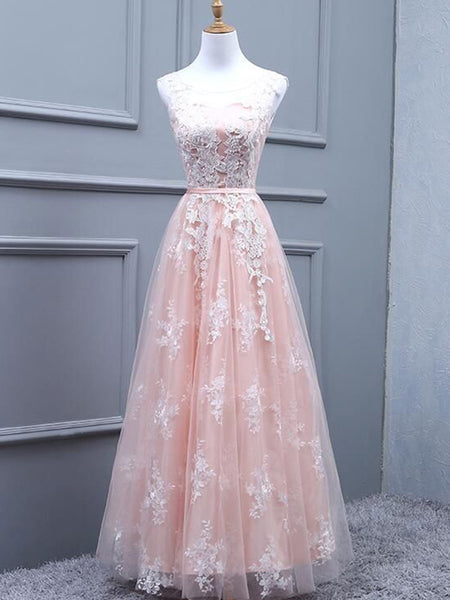 A-Line/Princess Scoop Floor Length Tulle Applique Sleeveless Prom Formal Dress