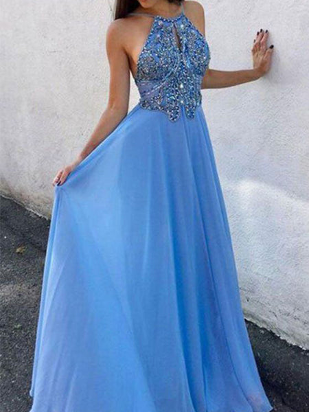 A-Line/Princess Halter Floor Length Chiffon Beading Sleeveless Prom Formal Dress