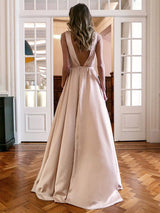 A-Line/Princess V-Neck Floor Length Satin Ruched Sleeveless Backless Prom Formal Dress with Slit