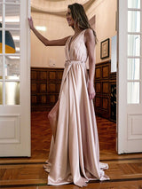 A-Line/Princess V-Neck Floor Length Satin Ruched Sleeveless Backless Prom Formal Dress with Slit