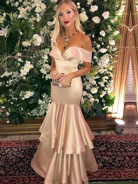 Trumpet/Mermaid Off-the-Shoulder Floor Length Satin Layers Sleeveless Prom Evening Dress