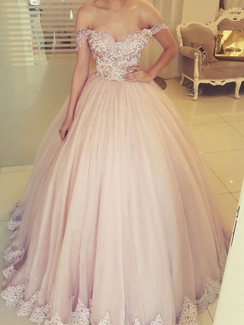 Ball Gown Off-the-Shoulder Floor Length Tulle Applique Sleeveless Dress