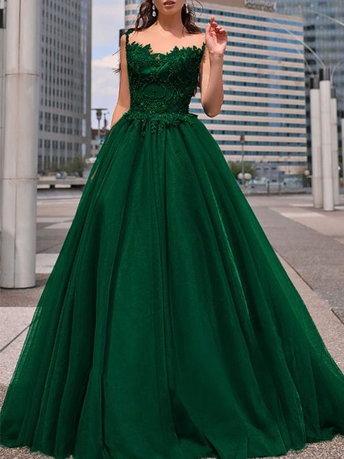 Ball Gown Bateau Floor Length Tulle Beading Sleeveless Prom Formal Dress