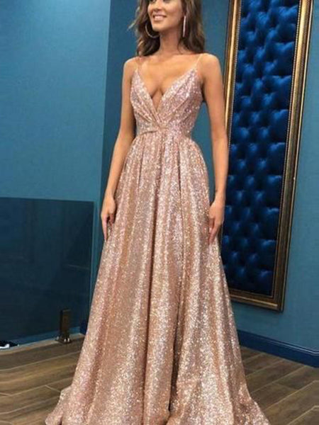 A-Line/Princess Spaghetti Straps Floor Length Sequins Sleeveless Prom Evening Dress