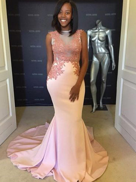 Trumpet/Mermaid Scoop Sweep/Brush Train Satin Applique Sleeveless Prom Formal Dress