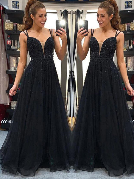 A-Line/Princess Spaghetti Straps Floor Length Tulle Beading Sleeveless Backless Dress