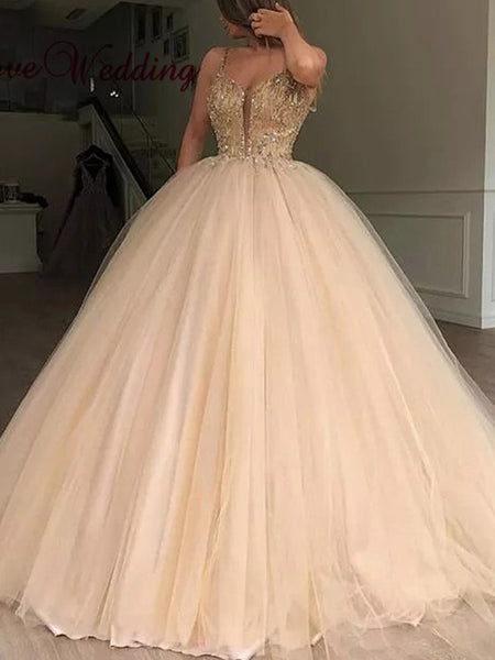 Ball Gown V-Neck Floor Length Tulle Beading Sleeveless Prom Formal Dress