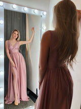A-Line/Princess V-Neck Sweep/Brush Train Silk Like Satin Ruffles Sleeveless Prom Formal Dress with Slit