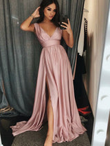 A-Line/Princess V-Neck Sweep/Brush Train Silk Like Satin Ruffles Sleeveless Prom Formal Dress with Slit