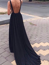 A-Line/Princess V-Neck Court Train Jersey Ruffles Sleeveless Backless Prom Formal Dress