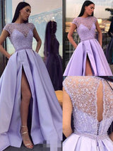 A-Line/Princess Scoop Sweep/Brush Train Satin Beading Short Sleeves Prom Formal Dress with Slit