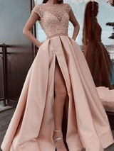 A-Line/Princess Scoop Sweep/Brush Train Satin Beading Short Sleeves Prom Formal Dress with Slit