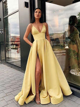 A-Line/Princess Spaghetti Straps Asymmetrical Satin Ruffles Sleeveless Prom Formal Dress with Slit