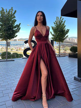 A-Line/Princess Spaghetti Straps Asymmetrical Satin Ruffles Sleeveless Prom Formal Dress with Slit