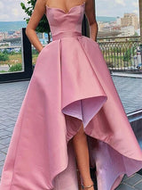 A-Line/Princess Strapless Asymmetrical Satin Ruffles Sleeveless Prom Formal Dress