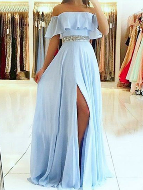A-Line/Princess Off-the-Shoulder Floor Length Chiffon Beading Sleeveless Dress with Slit